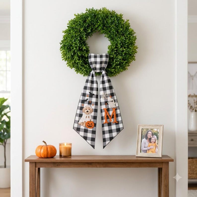 Personalized Auntie Halloween Wreath Sash, Custom Embroidered Pet Portrait from Photo, Monogram Door Bow