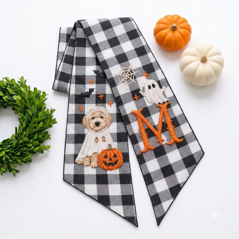 Personalized Auntie Halloween Wreath Sash, Custom Embroidered Pet Portrait from Photo, Monogram Door Bow