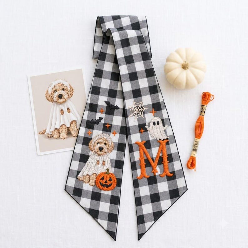 Personalized Auntie Halloween Wreath Sash, Custom Embroidered Pet Portrait from Photo, Monogram Door Bow