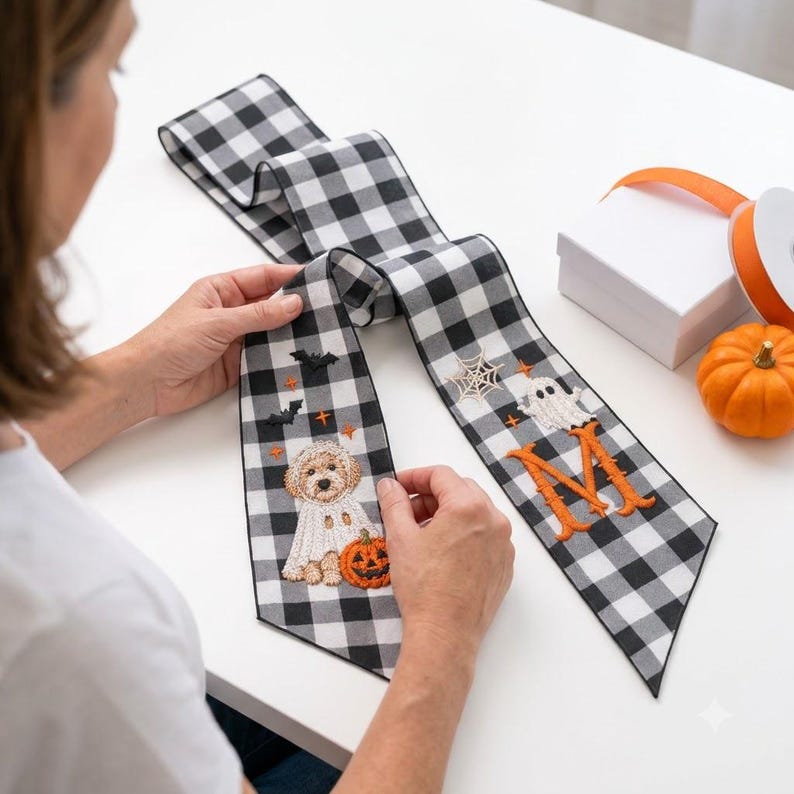 Personalized Auntie Halloween Wreath Sash, Custom Embroidered Pet Portrait from Photo, Monogram Door Bow