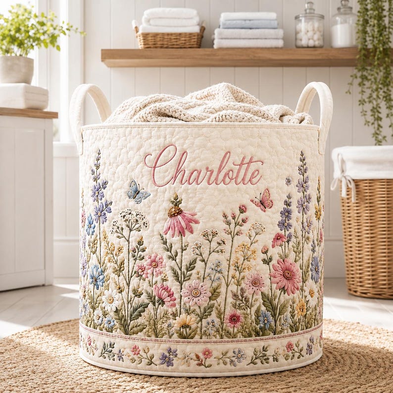 Personalized Boho Floral Quilted Laundry Basket, Custom Name Foldable Storage Hamper, Flower Nursery Bin