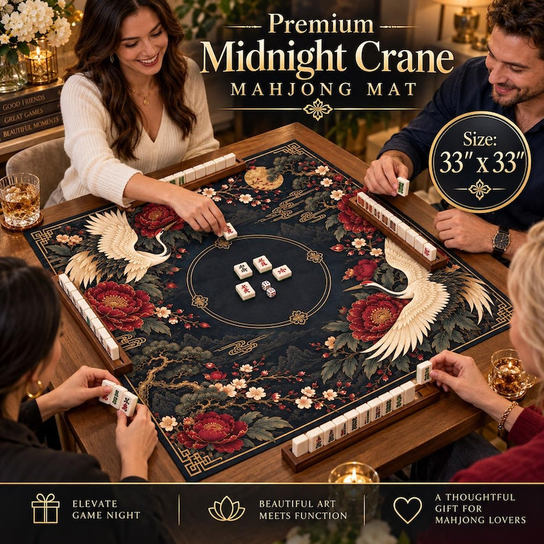 Chinoiserie Midnight Crane Mahjong Mat, Non Slip American Mahjong Table Play Mat, Smooth Surface Game Mat