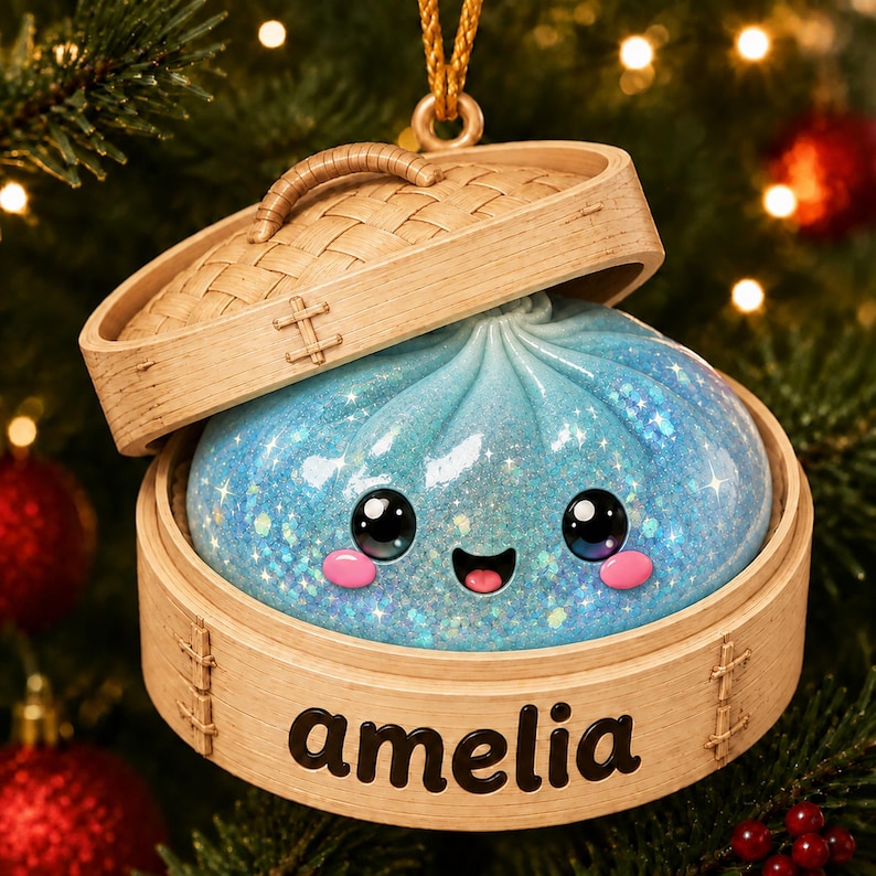 Personalized Glitter Dumpling Ornament, Acrylic Squishy Style Christmas Ornament, Custom Name Ornament