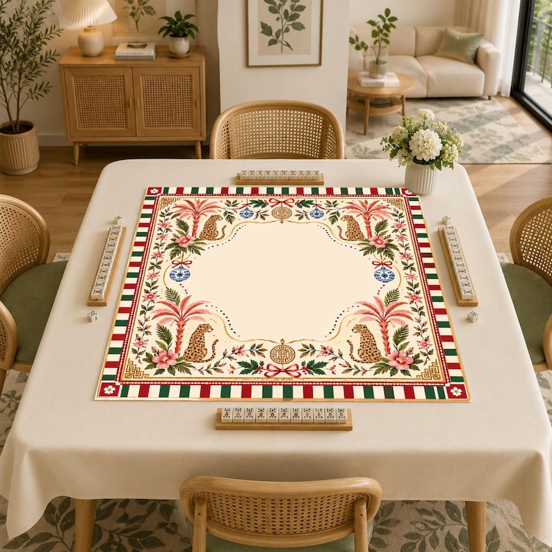 Christmas Leopard Mahjong Mat, Pink Palm Floral Holiday Game Mat, Festive Chinoiserie Table Decor