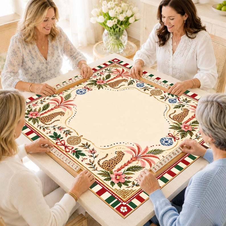 Christmas Leopard Mahjong Mat, Pink Palm Floral Holiday Game Mat, Festive Chinoiserie Table Decor