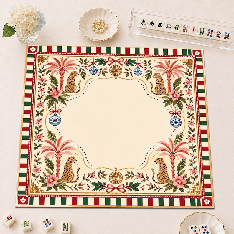 Christmas Leopard Mahjong Mat, Pink Palm Floral Holiday Game Mat, Festive Chinoiserie Table Decor