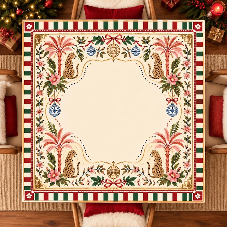 Christmas Leopard Mahjong Mat, Pink Palm Floral Holiday Game Mat, Festive Chinoiserie Table Decor