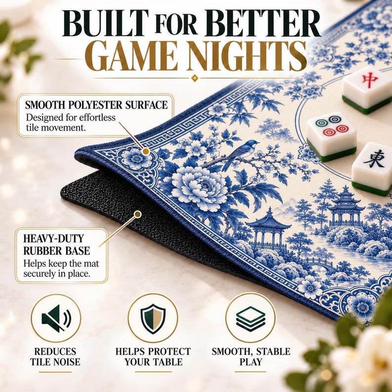 Blue Chinoiserie Garden Mahjong Mat, Non Slip American Mahjong Table Play Mat, Smooth Surface Game Mat