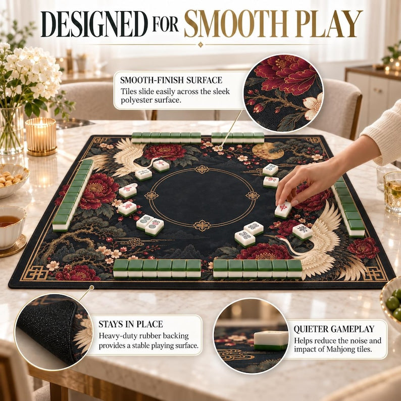 Chinoiserie Midnight Crane Mahjong Mat, Non Slip American Mahjong Table Play Mat, Smooth Surface Game Mat