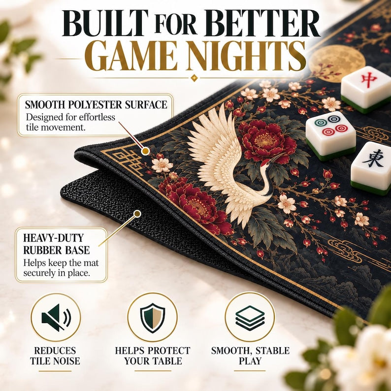 Chinoiserie Midnight Crane Mahjong Mat, Non Slip American Mahjong Table Play Mat, Smooth Surface Game Mat