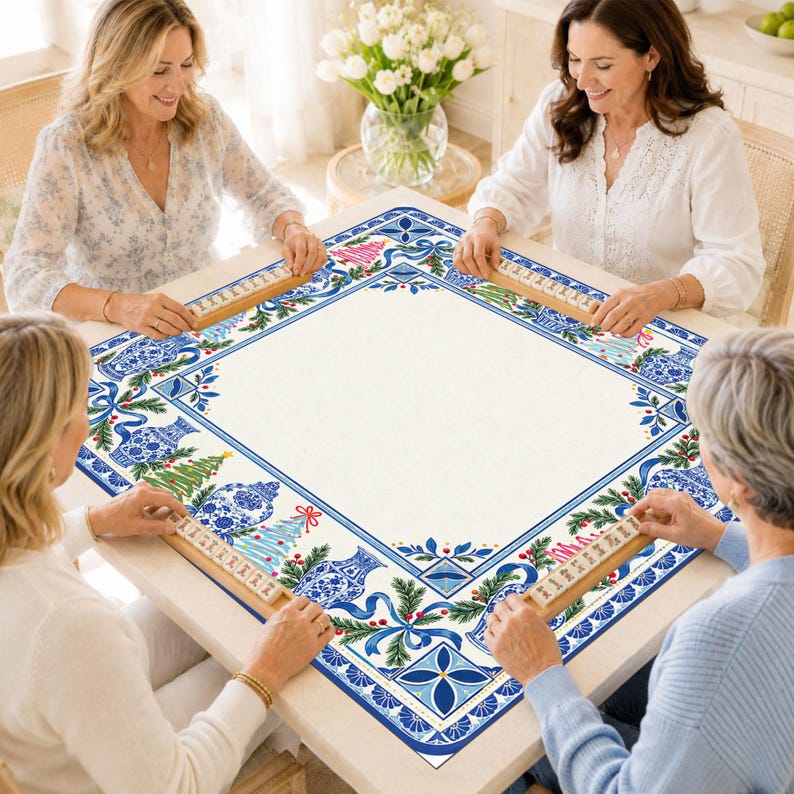 Christmas Chinoiserie Mahjong Mat, Blue White Porcelain Holiday Game Mat, Pink Christmas Tree Mahjong Table Cover