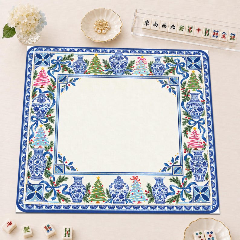 Christmas Chinoiserie Mahjong Mat, Blue White Porcelain Holiday Game Mat, Pink Christmas Tree Mahjong Table Cover