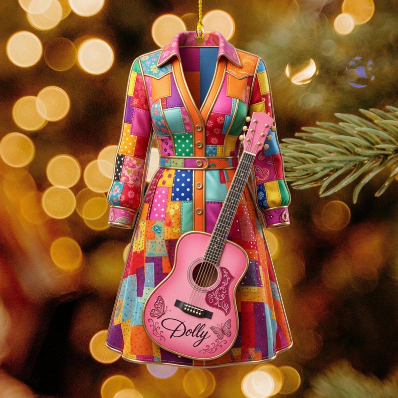Dolly Coat of Many Colors Wood and Acrylic Ornament, Dolly Pink Guitar Ornament, Christmas Gift, Christmas Decor