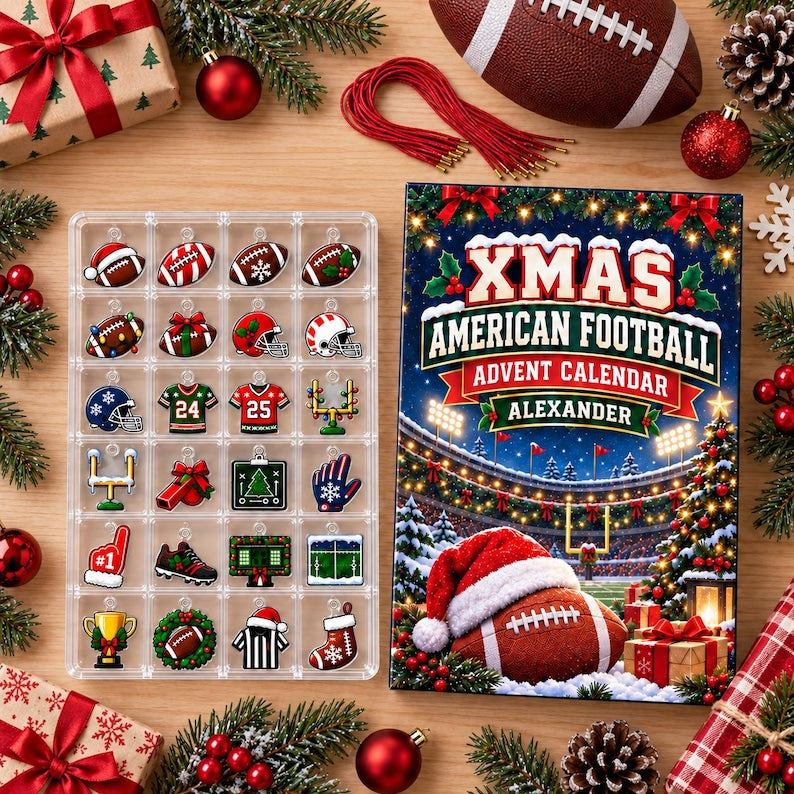 Personalized American Football Advent Calendar with 24 Mini Charms, Christmas Countdown Box, Football Gift