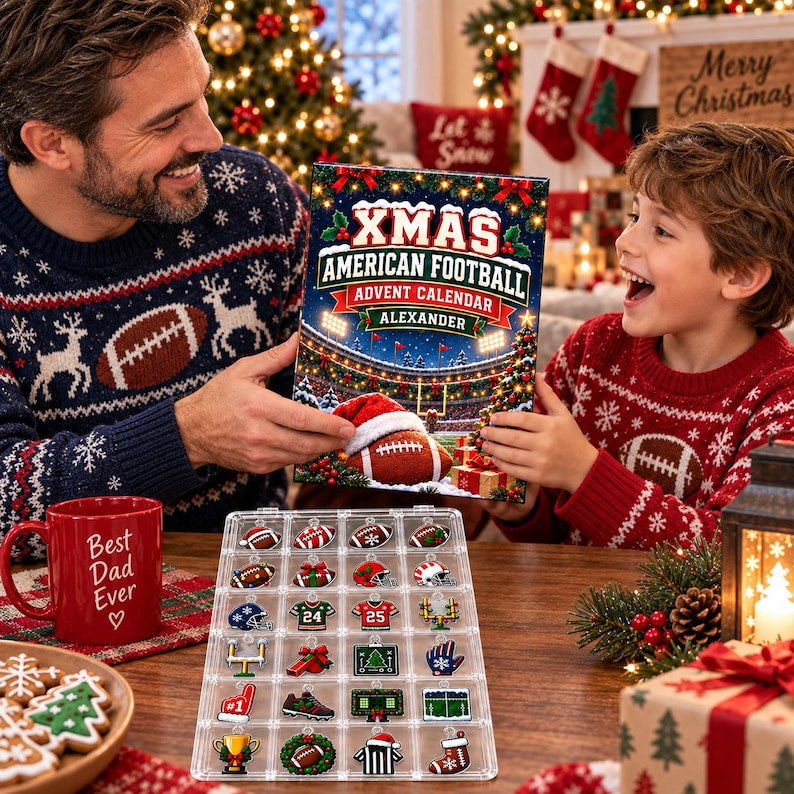 Personalized American Football Advent Calendar with 24 Mini Charms, Christmas Countdown Box, Football Gift
