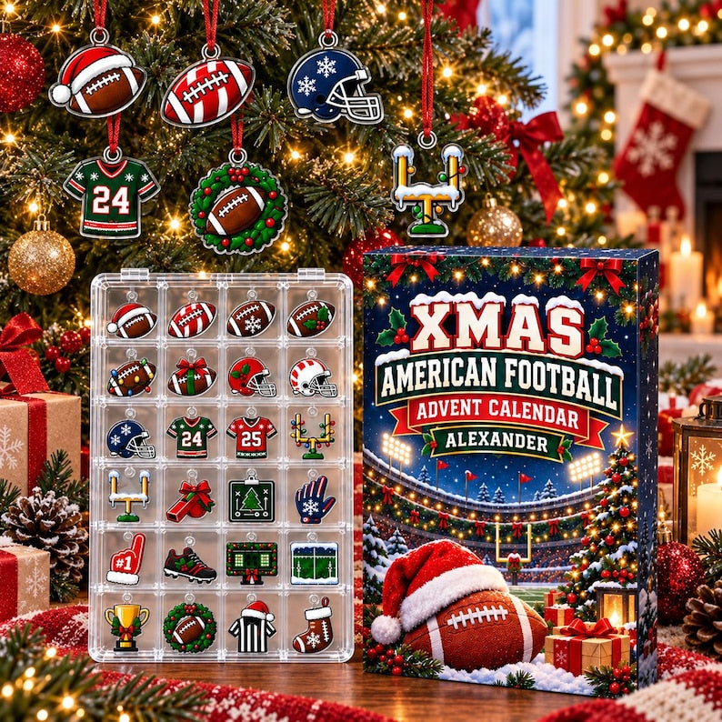 Personalized American Football Advent Calendar with 24 Mini Charms, Christmas Countdown Box, Football Gift