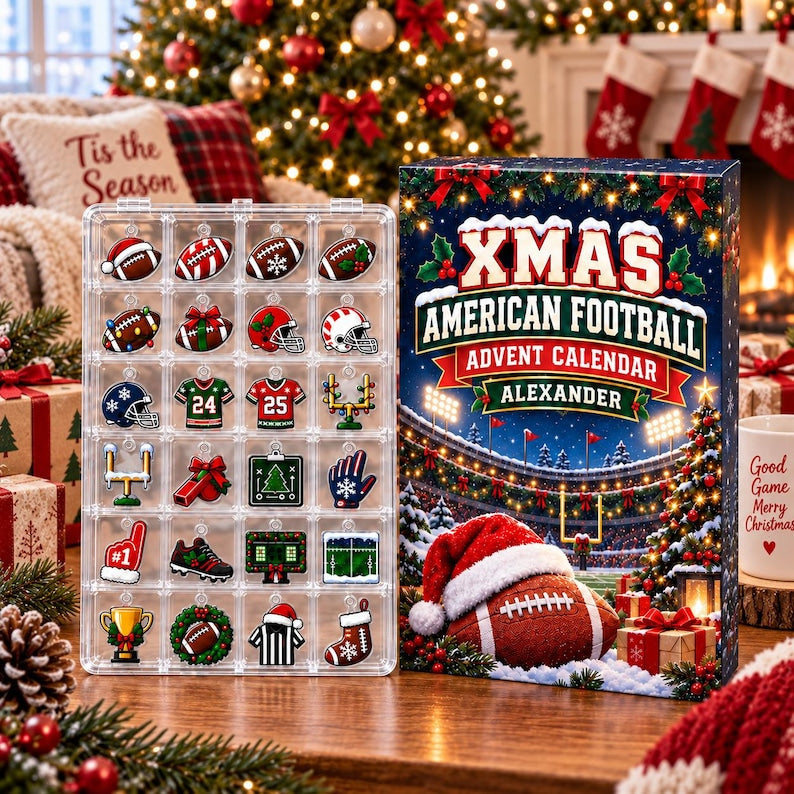Personalized American Football Advent Calendar with 24 Mini Charms, Christmas Countdown Box, Football Gift