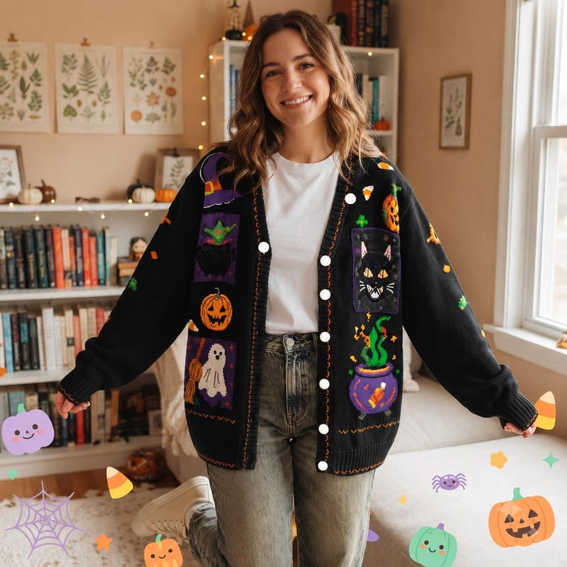 Halloween Cardigan Sweater for Women, Black Witch Cat Pumpkin Ghost Knit Button Up Cozy Fall Halloween Outfit Gift Idea