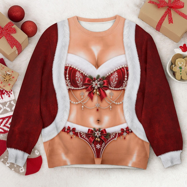 Funny Women's Santa Illusion Sweater, Christmas Lingerie Body Print, Ugly Xmas Gift