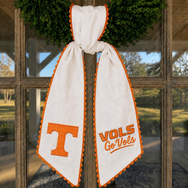 Orange Toile Football Wreath Sash, Game Day Front Door Hanger Bow, Volunteer Spirit Decor