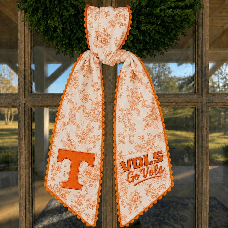 Orange Toile Football Wreath Sash, Game Day Front Door Hanger Bow, Volunteer Spirit Decor