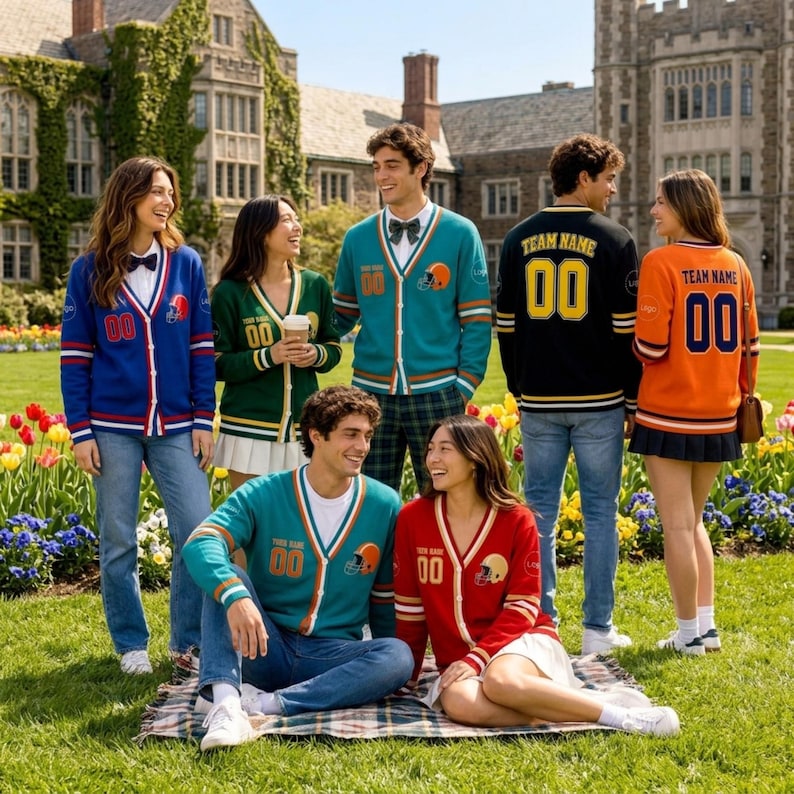 Personalized Football Team Cardigan, Custom Logo Varsity Sweater, Game Day Name Number Knitwear, Mascot Sports Gift