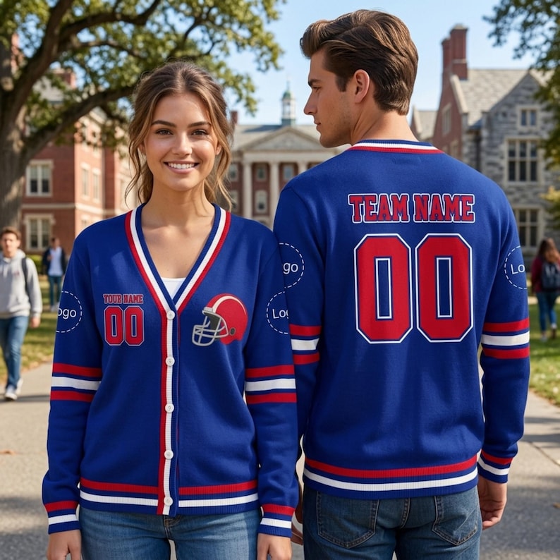 Personalized Football Team Cardigan, Custom Logo Varsity Sweater, Game Day Name Number Knitwear, Mascot Sports Gift