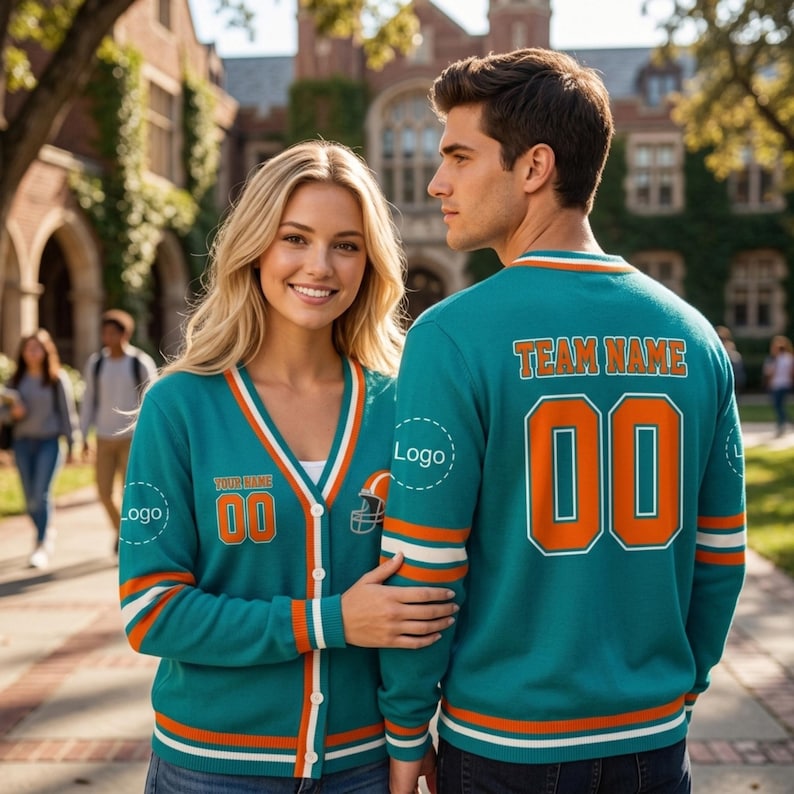 Personalized Football Team Cardigan, Custom Logo Varsity Sweater, Game Day Name Number Knitwear, Mascot Sports Gift