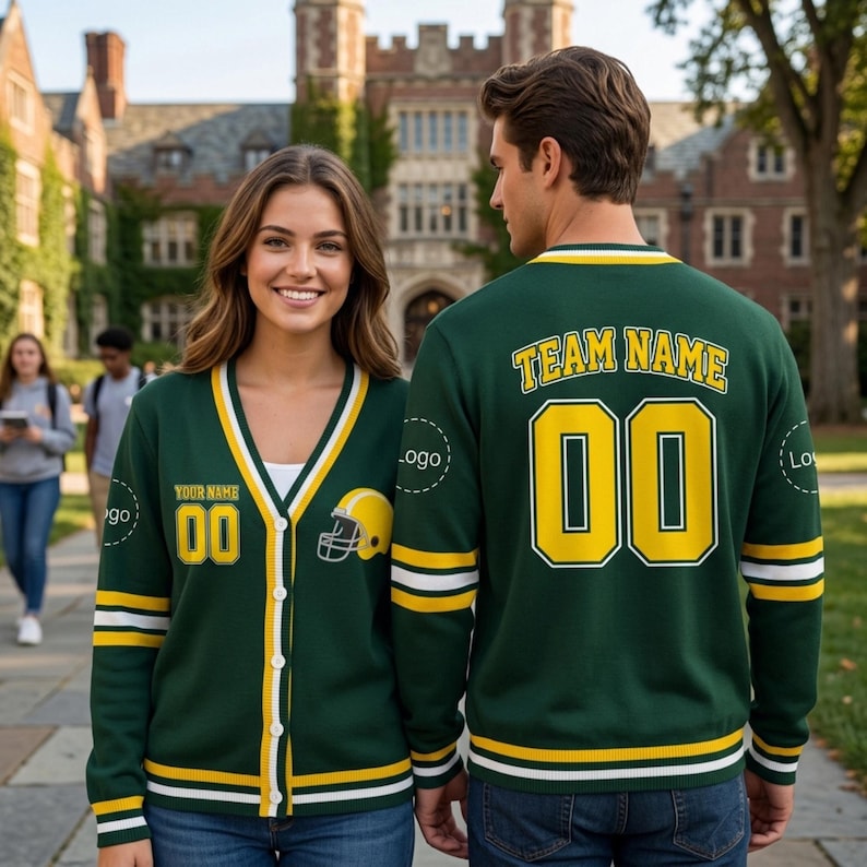 Personalized Football Team Cardigan, Custom Logo Varsity Sweater, Game Day Name Number Knitwear, Mascot Sports Gift