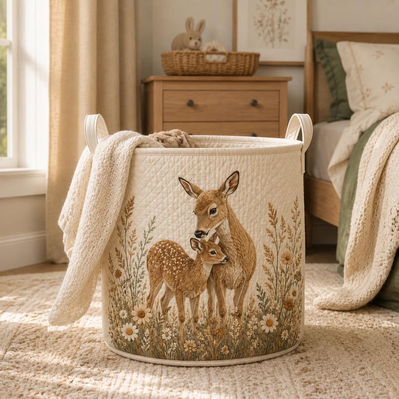 Woodland Deer Laundry Basket, Fawn Nursery Storage Bin, Baby Shower Gift, Forest Animal Toy Hamper, Boho Nursery Decor