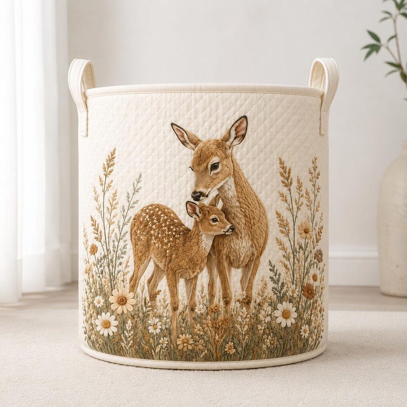 Woodland Deer Laundry Basket, Fawn Nursery Storage Bin, Baby Shower Gift, Forest Animal Toy Hamper, Boho Nursery Decor