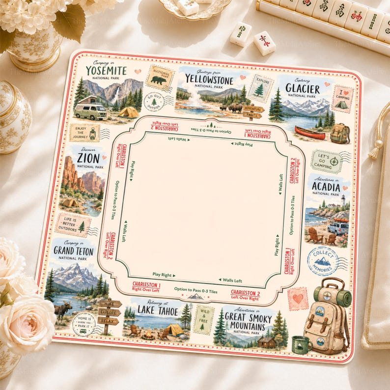 National Park Mahjong Mat, Outdoor Adventure American Mah Jongg Table Cover, Camping Lover Gift