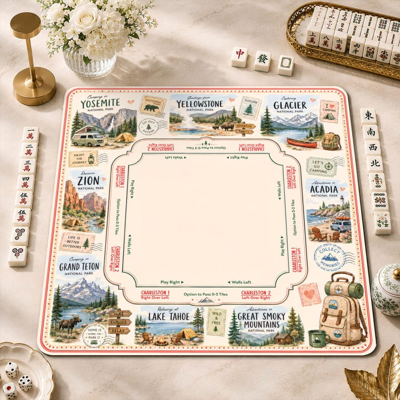 National Park Mahjong Mat, Outdoor Adventure American Mah Jongg Table Cover, Camping Lover Gift