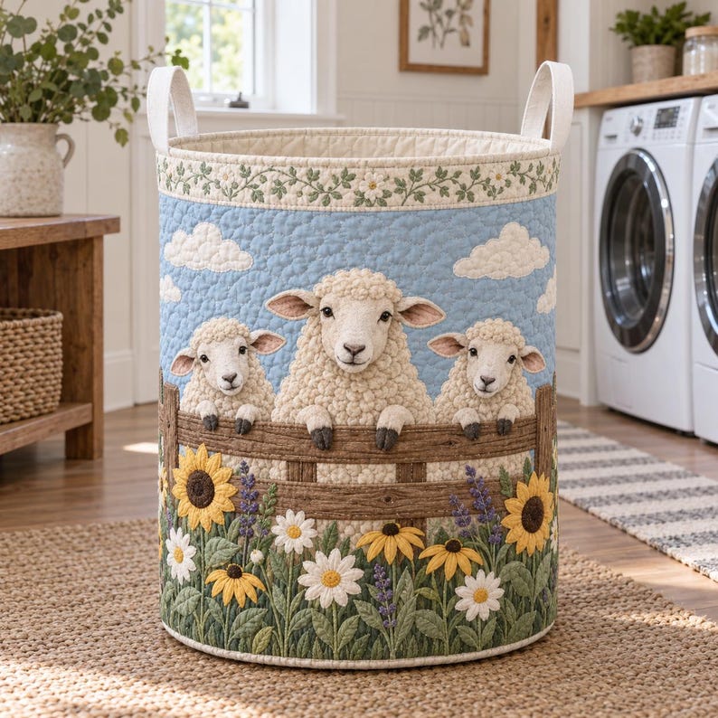 Quilted Sheep Laundry Basket, Lamb Storage Hamper