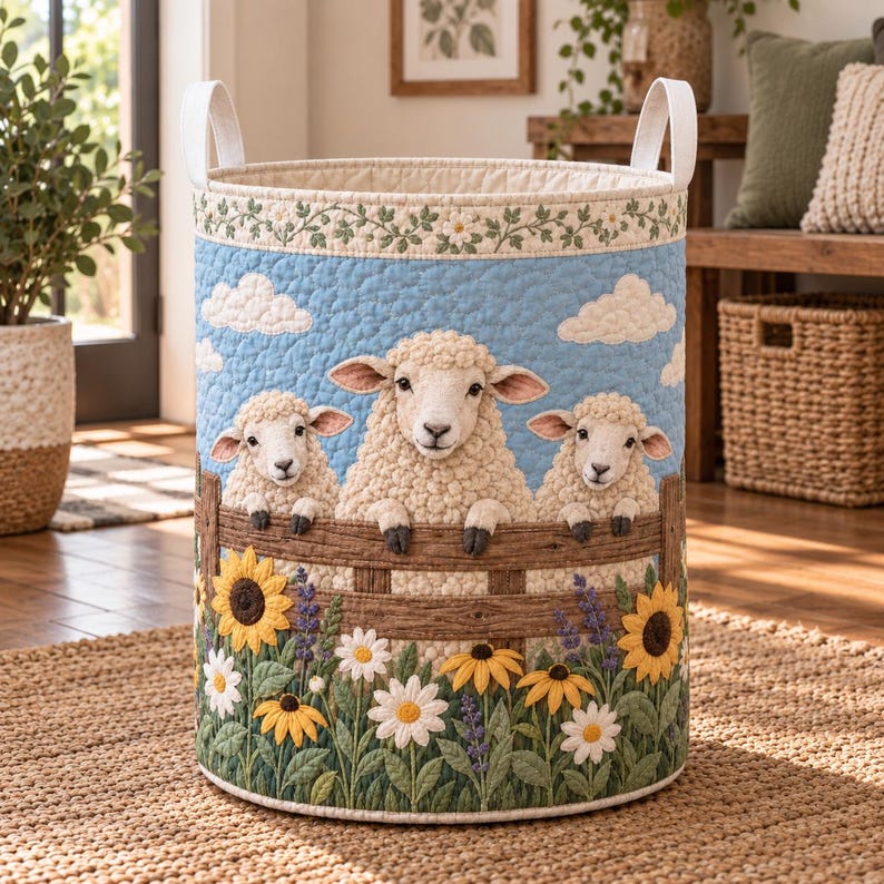 Quilted Sheep Laundry Basket, Lamb Storage Hamper
