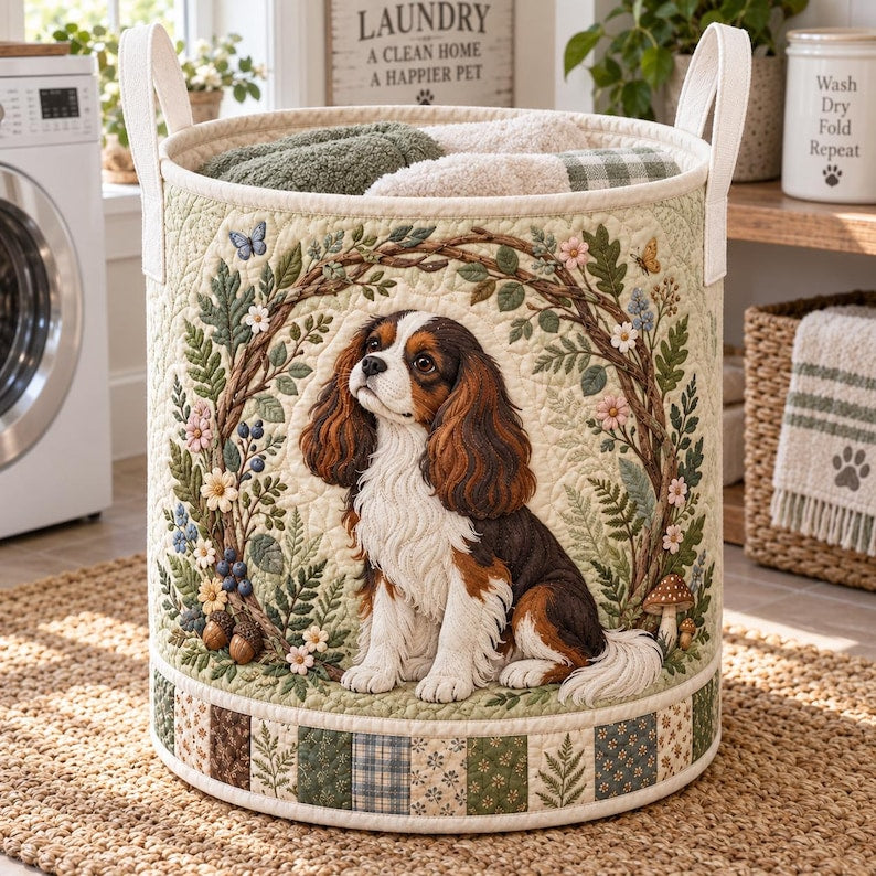Quilted Cavalier Spaniel Laundry Basket, Dog Storage Hamper