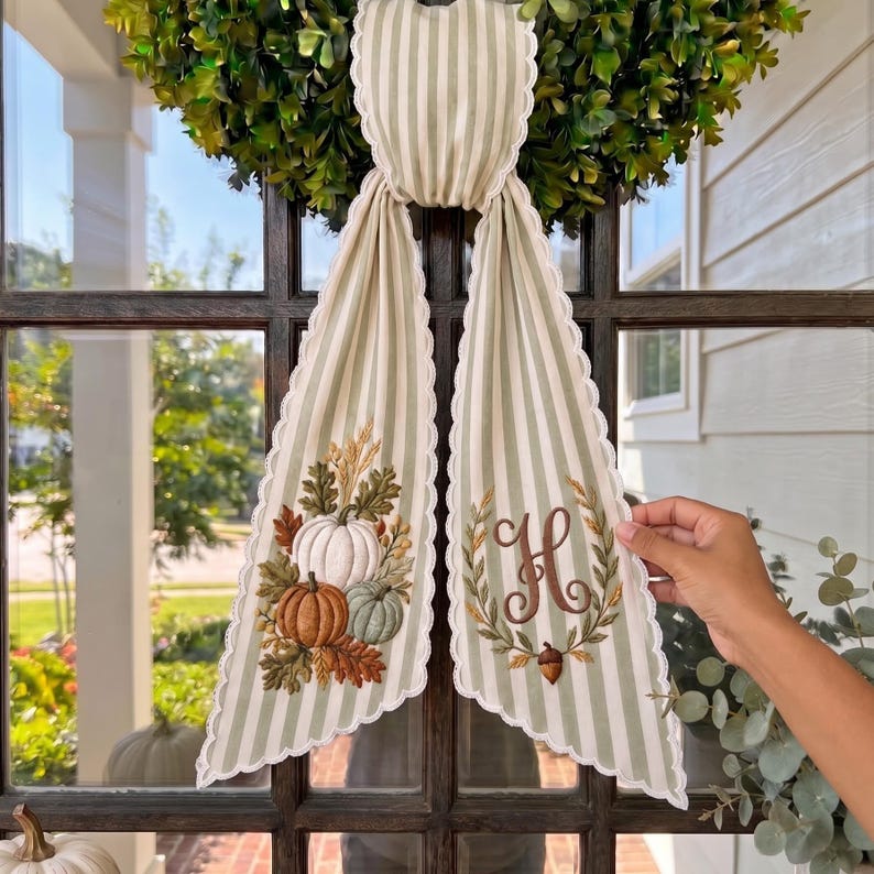 Custom Embroidered Pumpkin Monogram Wreath Sash, Fall Wreath Sash, Pumpkin Wreath Sash, Fall Window Hanging Decor