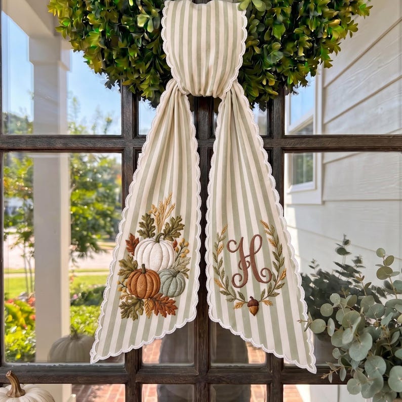 Custom Embroidered Pumpkin Monogram Wreath Sash, Fall Wreath Sash, Pumpkin Wreath Sash, Fall Window Hanging Decor