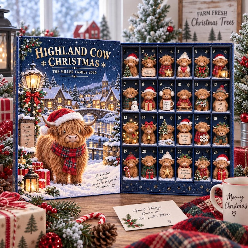 Personalized Highland Cow Advent Calendar, Christmas Countdown Box, 24 Mini Cow Figures