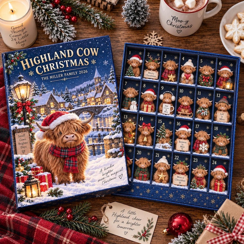 Personalized Highland Cow Advent Calendar, Christmas Countdown Box, 24 Mini Cow Figures