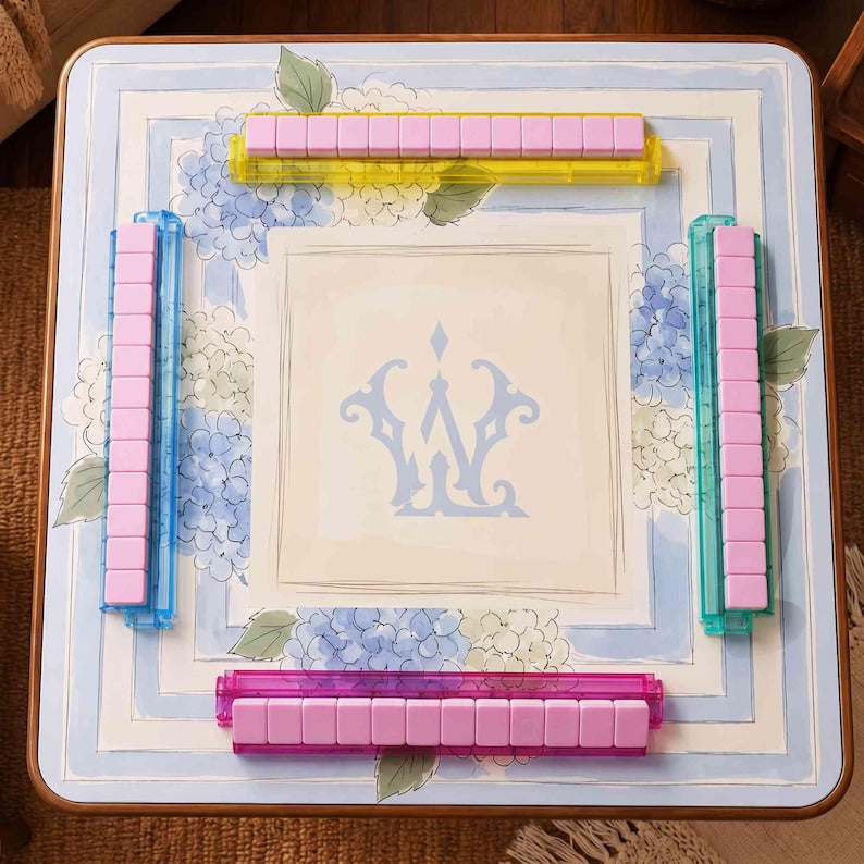 Personalized Initial Monogram Mahjong Mat, Non-Slip Watercolor Hydrangea Mat, Blue Floral Game Night Gift