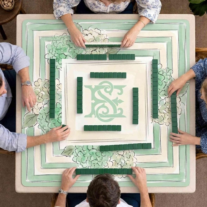Personalized Initial Monogram Mahjong Mat, Non-Slip Watercolor Hydrangea Mat, Blue Floral Game Night Gift