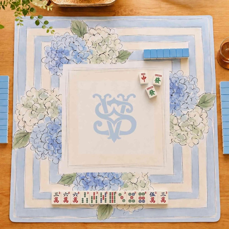 Personalized Initial Monogram Mahjong Mat, Non-Slip Watercolor Hydrangea Mat, Blue Floral Game Night Gift
