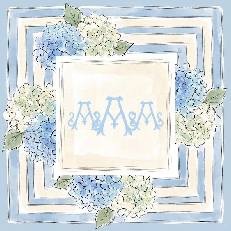 Personalized Initial Monogram Mahjong Mat, Non-Slip Watercolor Hydrangea Mat, Blue Floral Game Night Gift