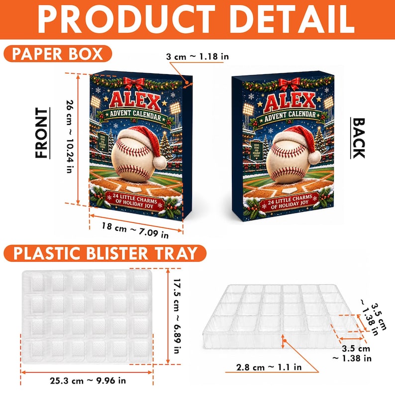 Personalized Baseball Advent Calendar, 24-Day Blind Box Charms, Custom Name