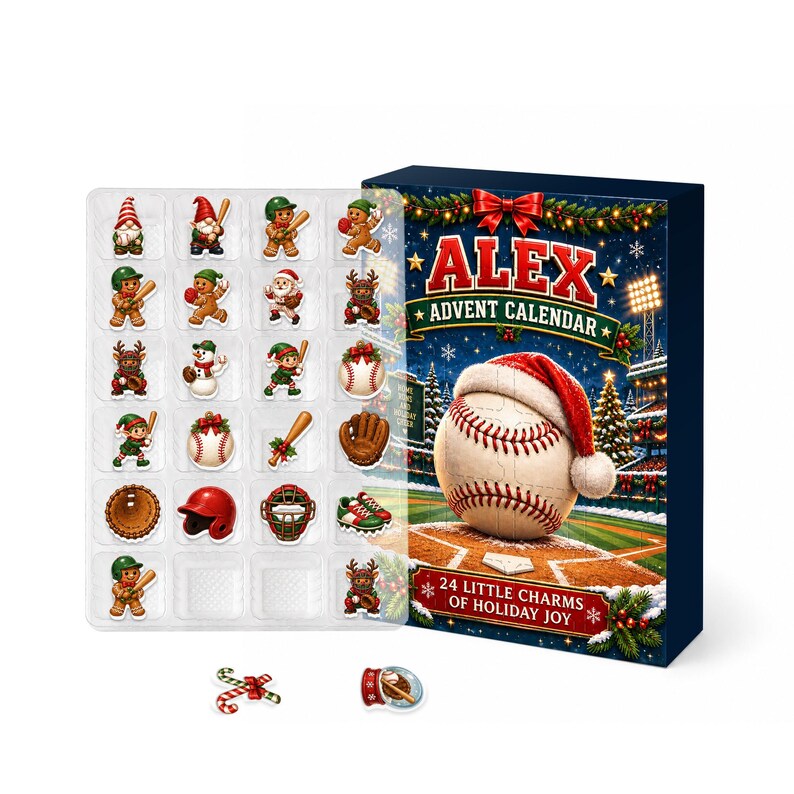Personalized Baseball Advent Calendar, 24-Day Blind Box Charms, Custom Name