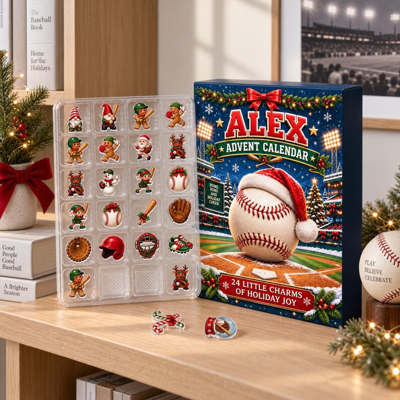 Personalized Baseball Advent Calendar, 24-Day Blind Box Charms, Custom Name