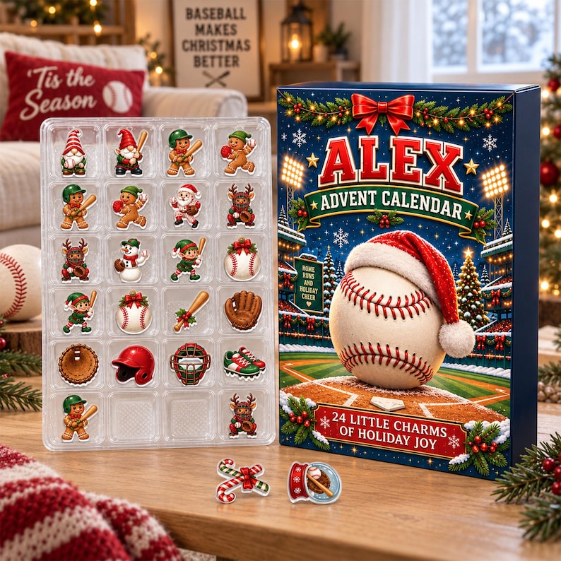 Personalized Baseball Advent Calendar, 24-Day Blind Box Charms, Custom Name