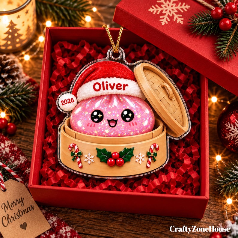 Squishy Dumpling Acrylic Custom Name Ornament, Personalized Glitter Dumpling Christmas Ornament, Kids Christmas Gift