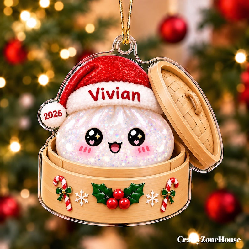 Squishy Dumpling Acrylic Custom Name Ornament, Personalized Glitter Dumpling Christmas Ornament, Kids Christmas Gift